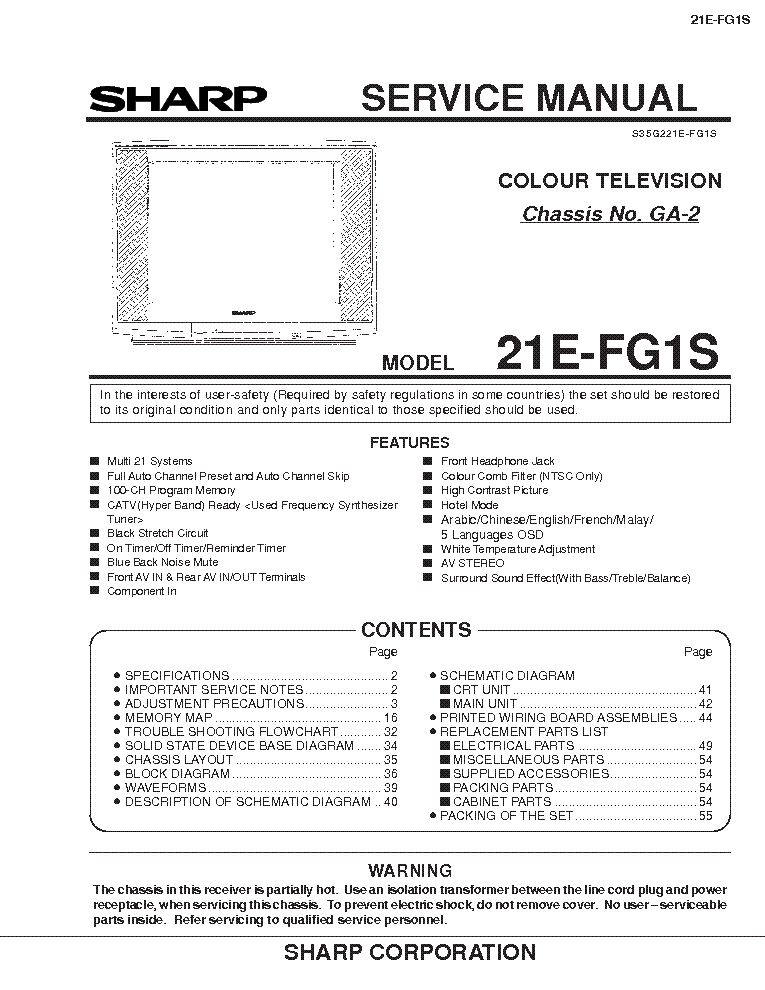 SHARP 21EFG1S SM service manual (1st page)