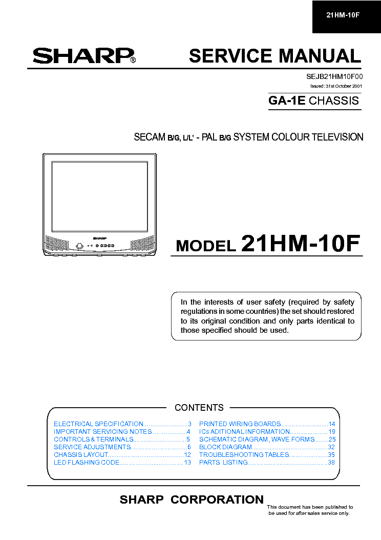 SHARP 21HM-10F CHASSIS GA-1E SM service manual (1st page)