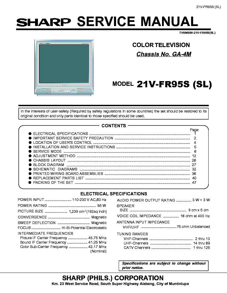 SHARP 21VFR95S CHASSIS GA-4M SM service manual (1st page)