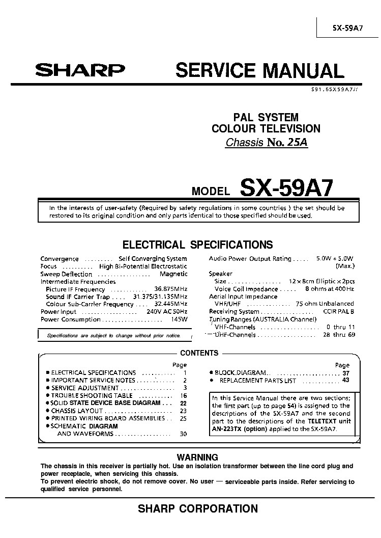SHARP 25A CHASSIS SX59A7 TV SM service manual (1st page)