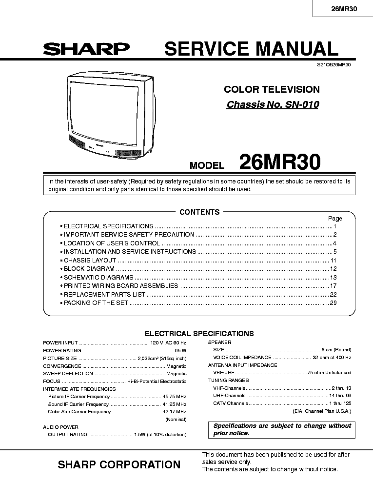 SHARP 26MR30 CHASSIS SN-010 SM service manual (1st page)