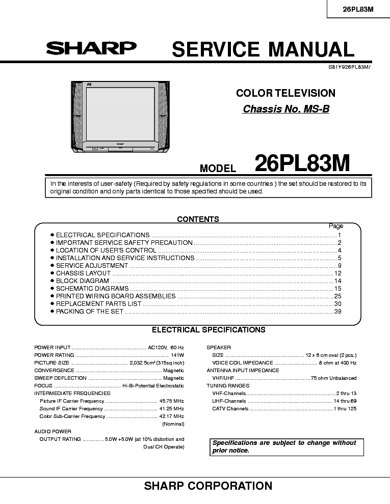 SHARP 26PL83M CHASSIS MS-B SM service manual (1st page)