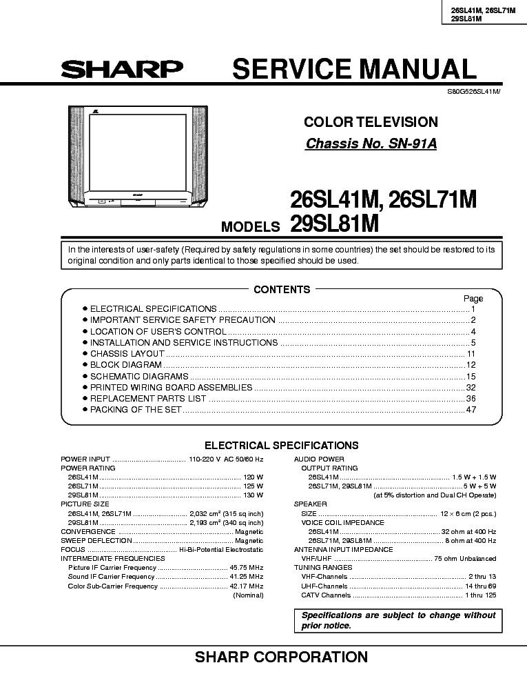 SHARP 26SL41M,26SL71M,29SL81M,CHASSIS SN91A SM service manual (1st page)
