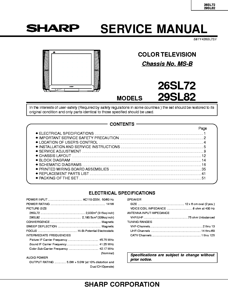 SHARP 26SL72 29SL82 CHASSIS MS-B SM service manual (1st page)
