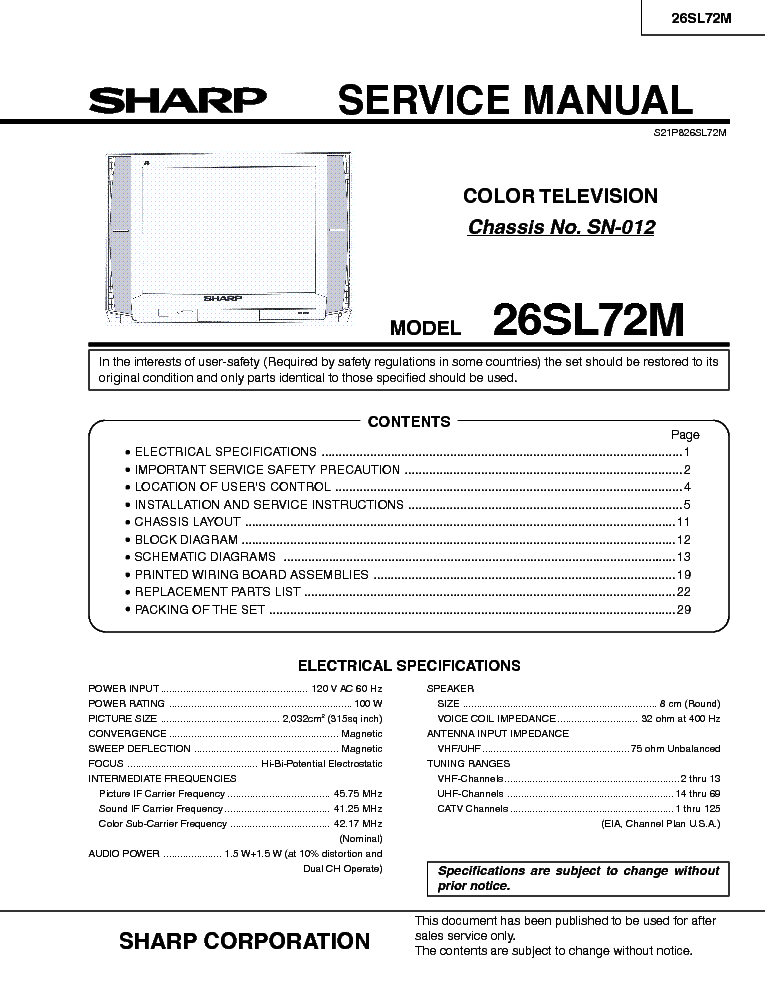 SHARP 26SL72M CHASSIS SN-012 service manual (1st page)