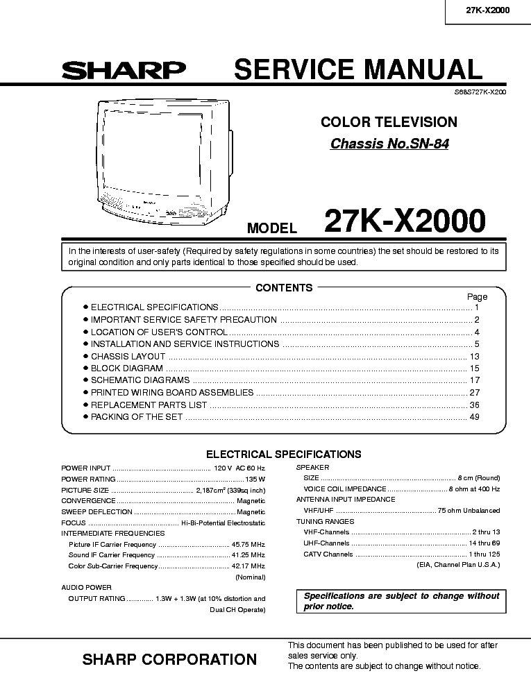 SHARP 27K-X2000 CHASSIS SN-84 service manual (1st page)
