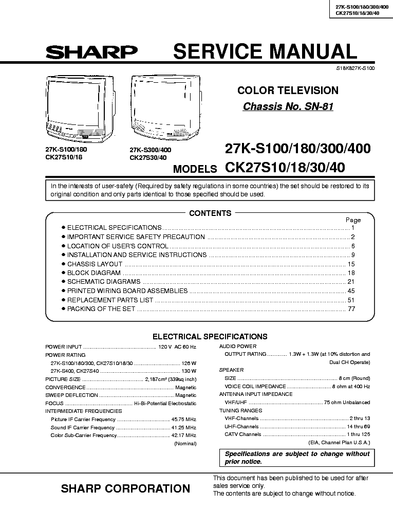 SHARP 27KS100 SM service manual (1st page)