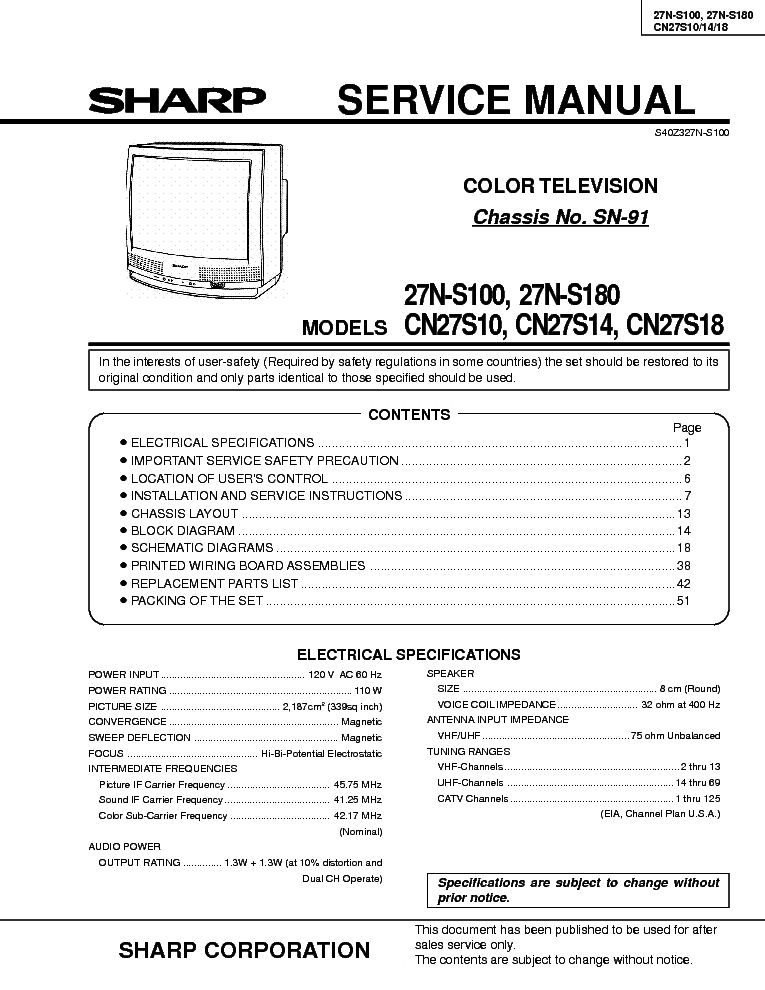 SHARP 27N-S100 7N-S180 CN27S10 CN27S14 CN27S18 CHASSIS SN-91 SM service manual (1st page)