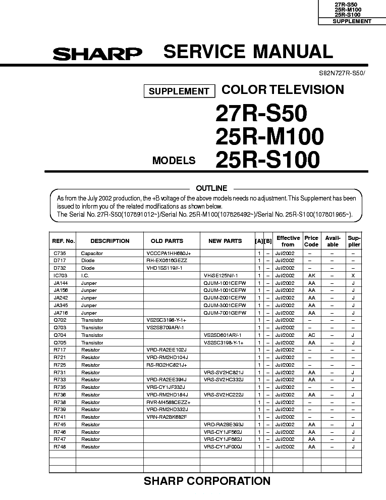 SHARP 27R-S50 25R-M100 25R-S100 SUPP service manual (1st page)