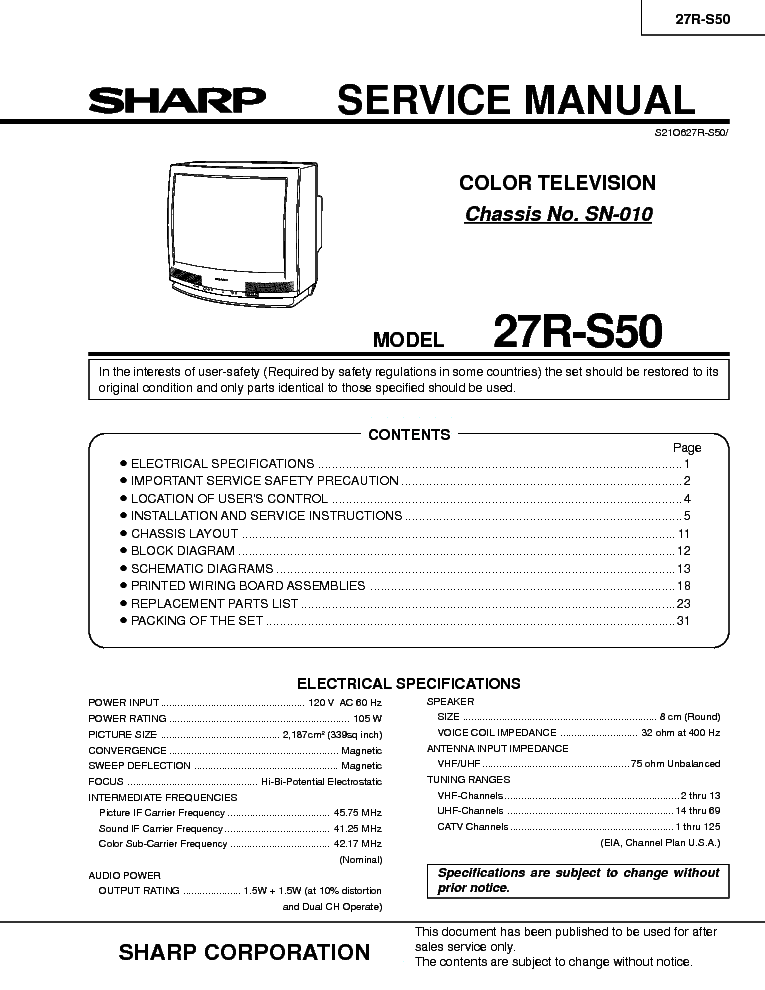 SHARP 27R-S50 CHASSIS SN-010 service manual (1st page)