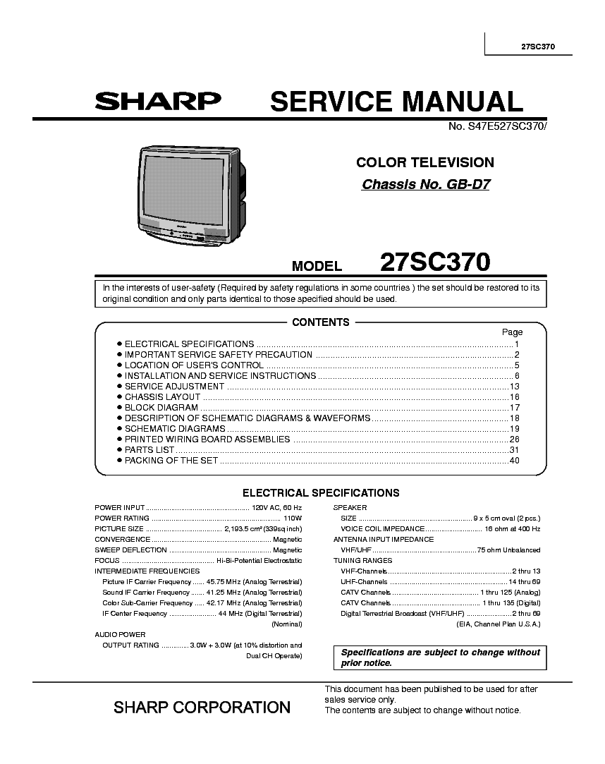 SHARP 27SC370 CHASSIS GB-D7 service manual (1st page)