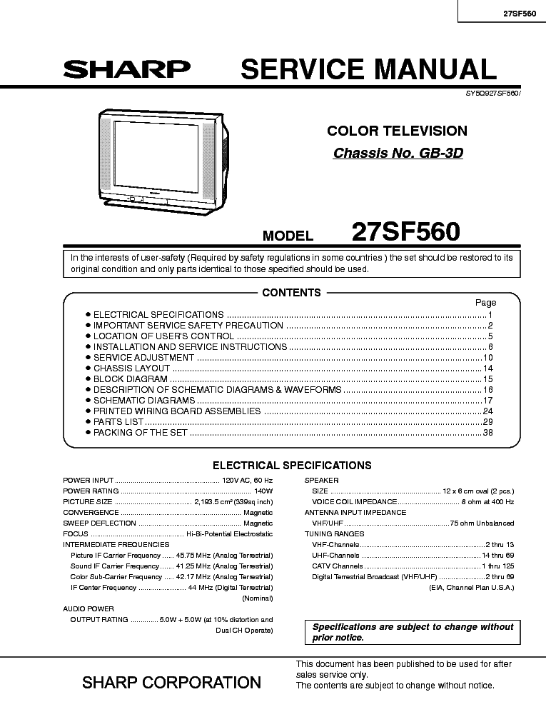 SHARP 27SF560 CHASSIS GB-3D service manual (1st page)