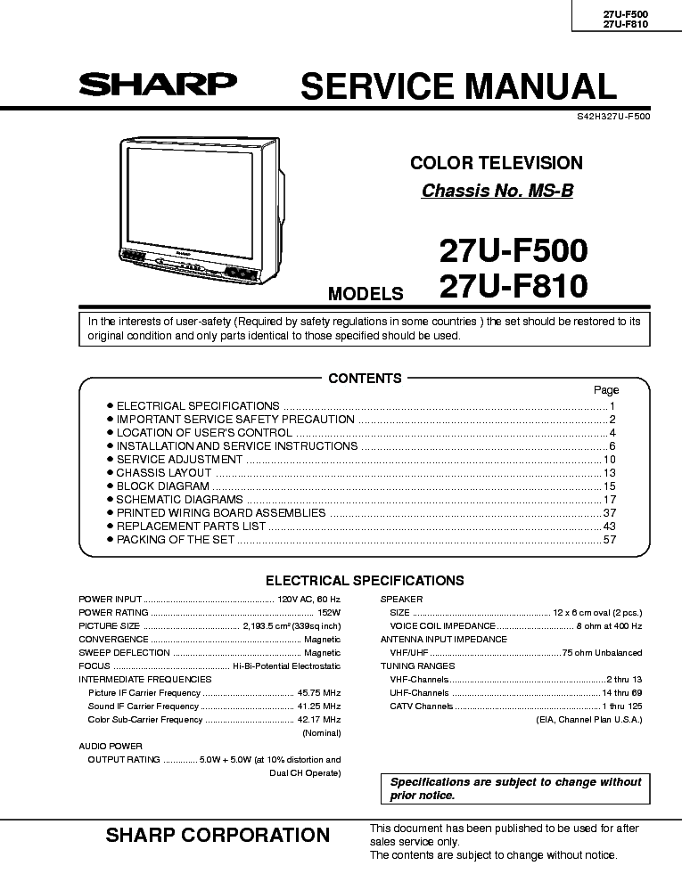 SHARP 27U-F500 27U-F810 CHASSIS MS-B service manual (1st page)