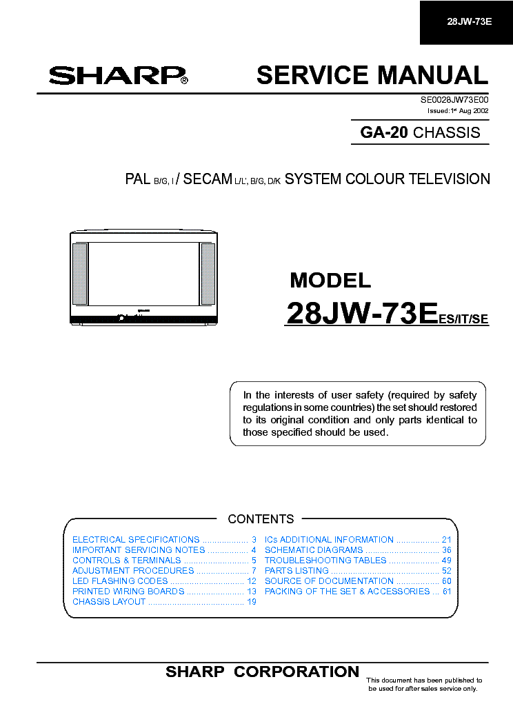 SHARP 28JW73E CHASSIS GA-20 service manual (1st page)