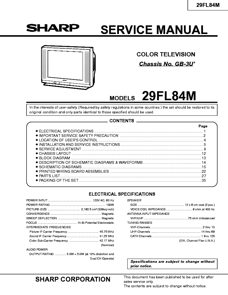 SHARP 29FL84M CH GB-3U service manual (1st page)