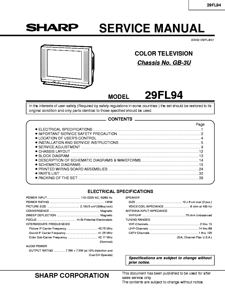 SHARP 29FL94 CHASSIS GB-3U service manual (1st page)