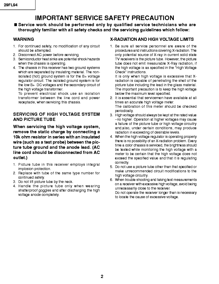 SHARP 29FL94 CHASSIS GB-3U service manual (2nd page)