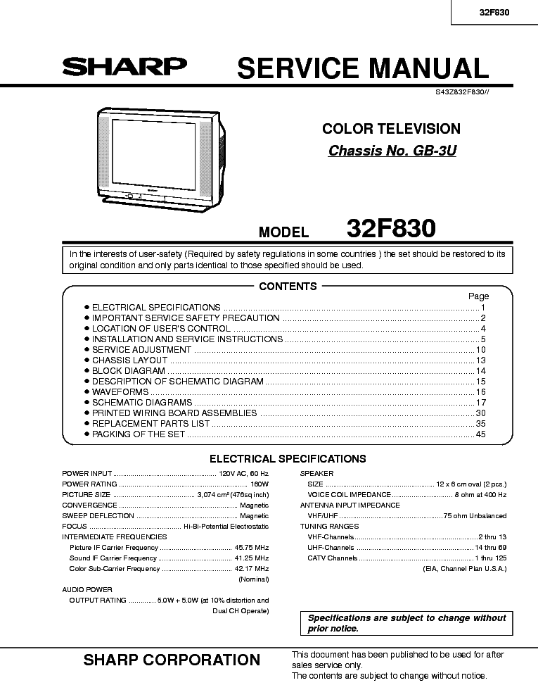 SHARP 32F830 CHASSIS GB-3U service manual