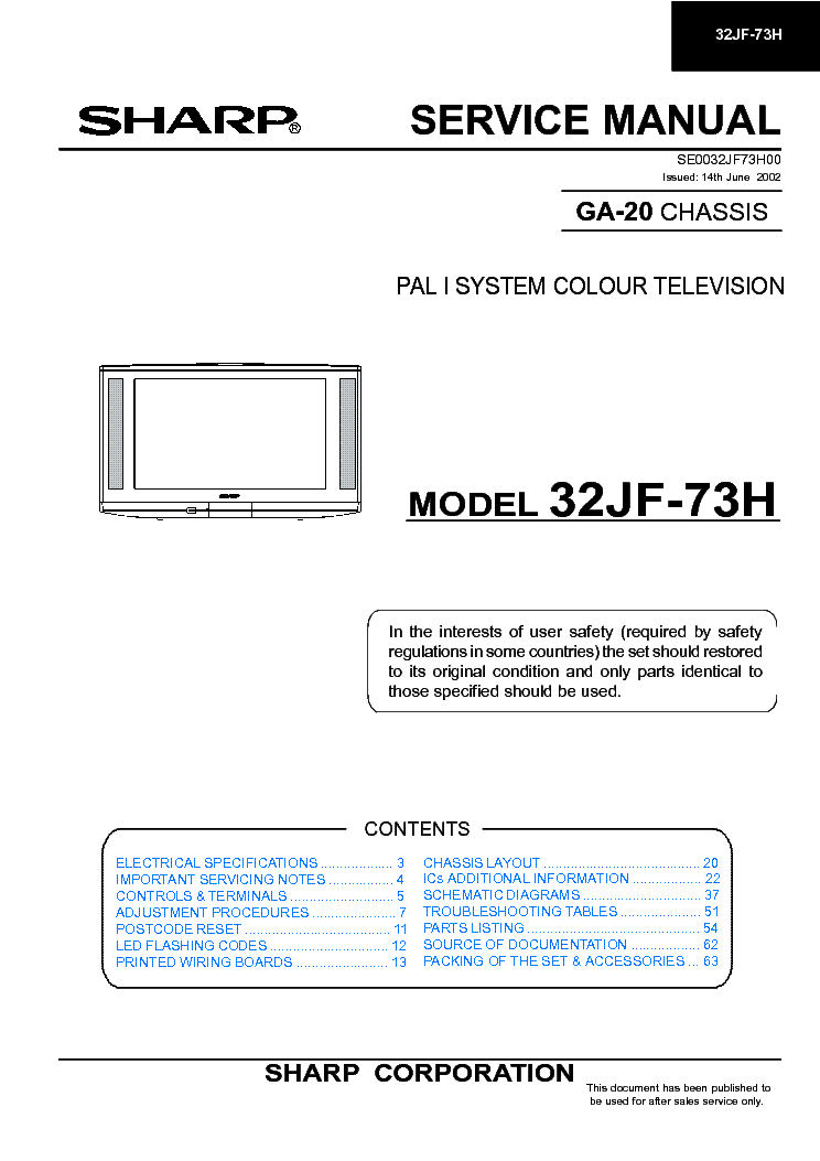 SHARP 32JF73H CHASSIS GA-20 service manual (1st page)