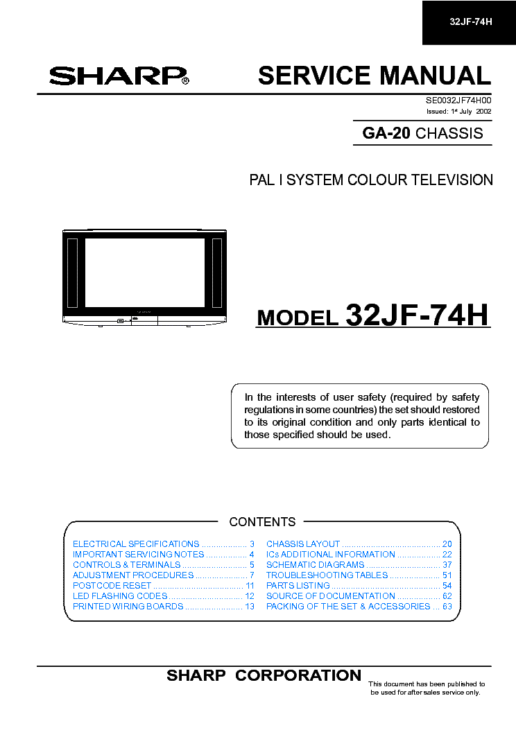 SHARP 32JF74H CHASSIS GA-20 service manual (1st page)