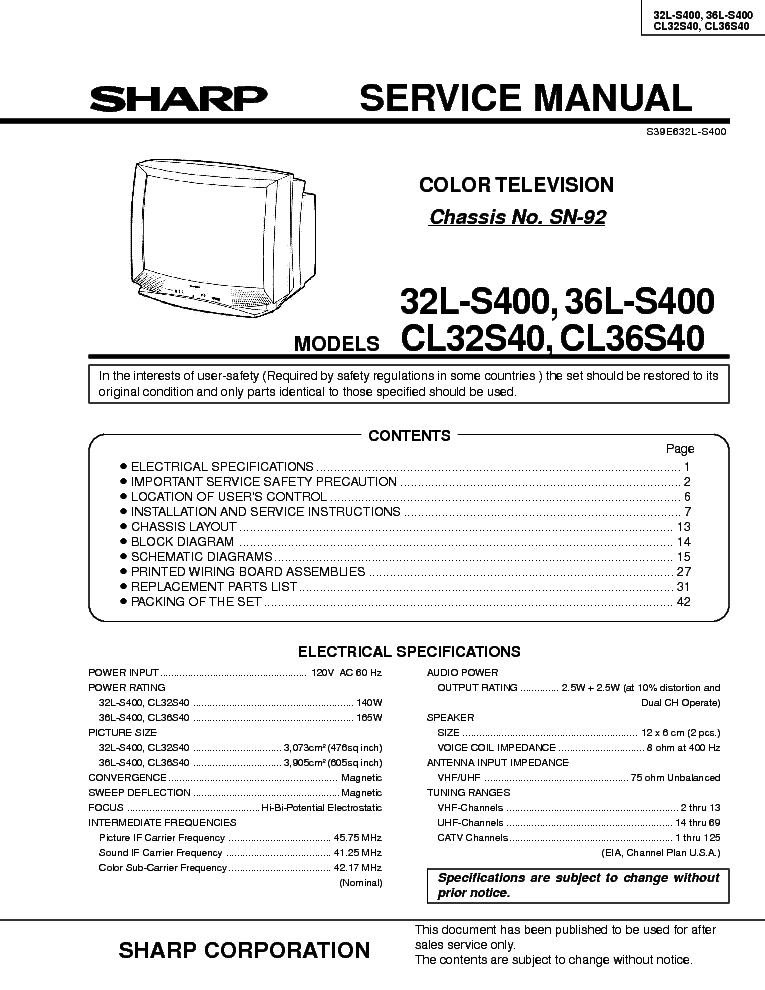 SHARP 32L-S400 36L-S400 CL32S40 CL36S40 CHASSIS SN-92 service manual (1st page)