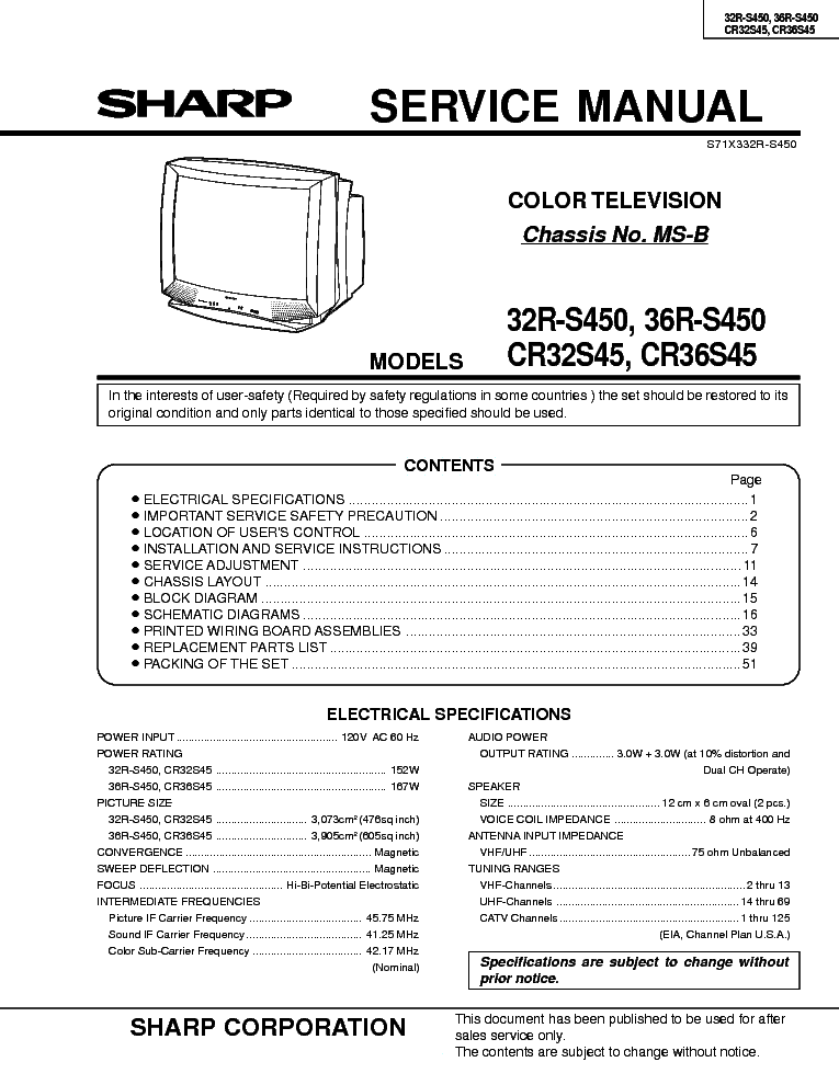 SHARP 32R-S450 36R-S450 CR32S45 CR36S45 CHASSIS MS-B service manual (1st page)
