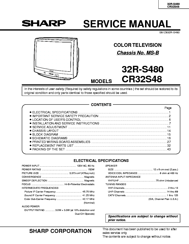 SHARP 32R-S480 CR32S48 CHASSIS MS-B service manual (1st page)