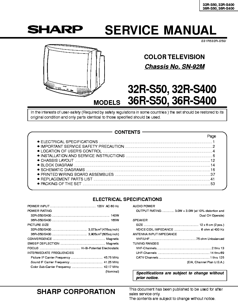 SHARP 32R-S50 32R-S400 36R-S50 36R-S400 CHASSIS SN-92M service manual (1st page)