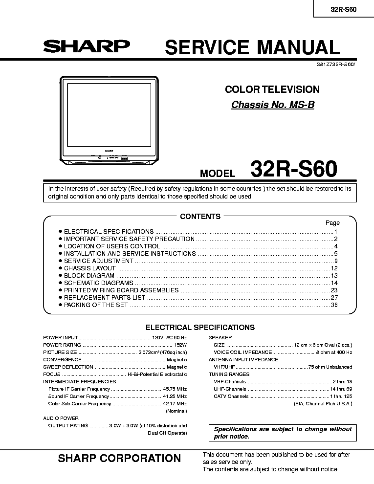 SHARP 32R-S60 CHASSIS MS-B service manual (1st page)