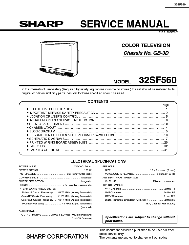 SHARP 32SF560 CHASSIS GB-3D service manual (1st page)
