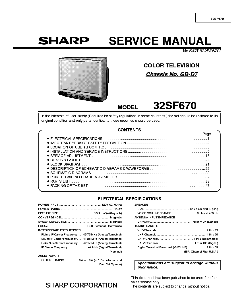SHARP 32SF670 CHASSIS GB-D7 service manual (1st page)