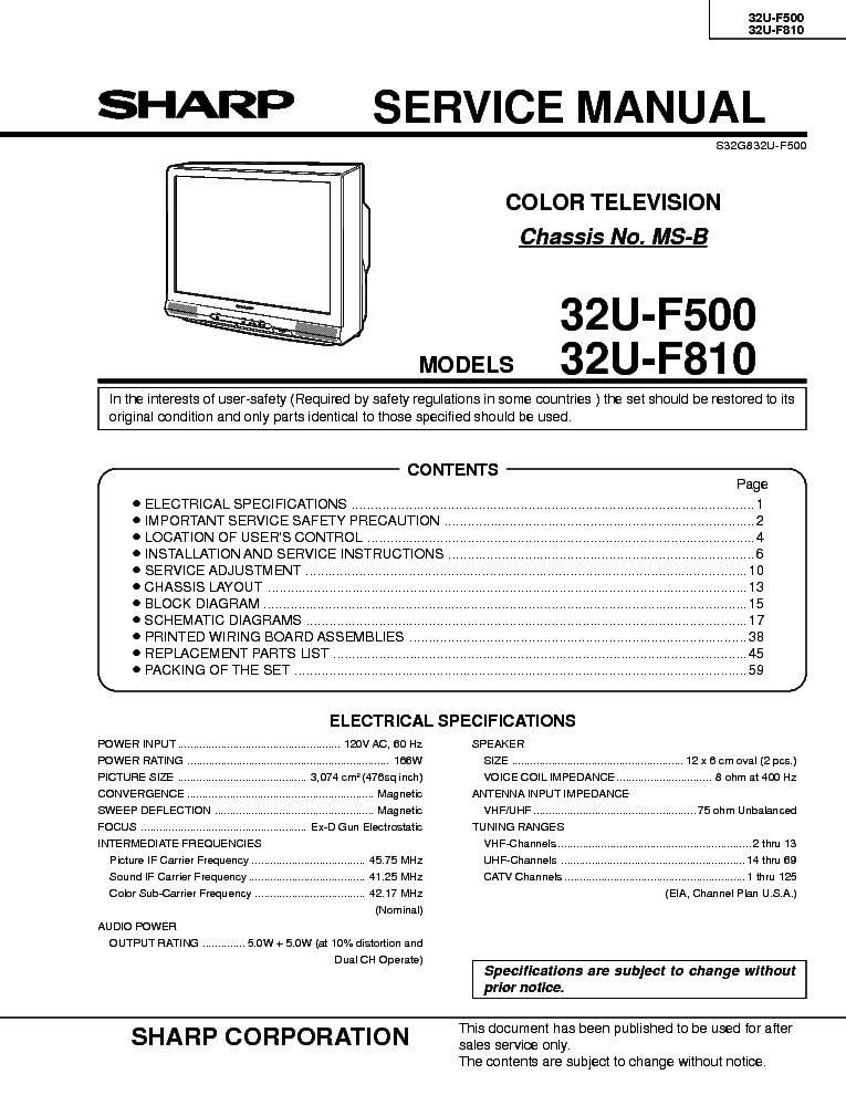 SHARP 32U-F500 32U-F810 CHASSIS MS-B service manual (1st page)