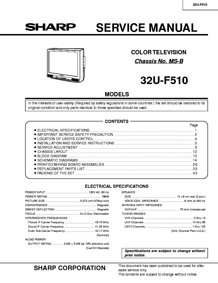 SHARP 32U-F510 CHASSIS MS-B service manual (1st page)