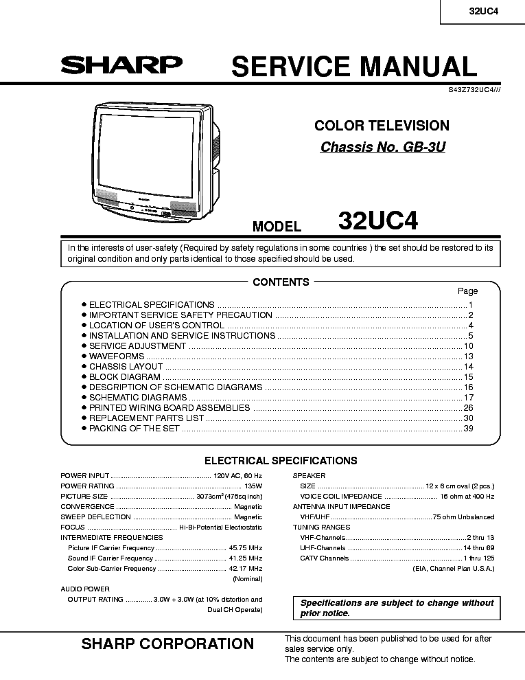 SHARP 32UC4 CHASSIS GB-3U service manual (1st page)