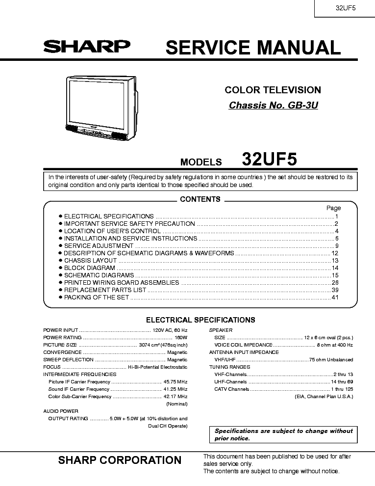 SHARP 32UF5 CHASSIS GB-3U service manual (1st page)