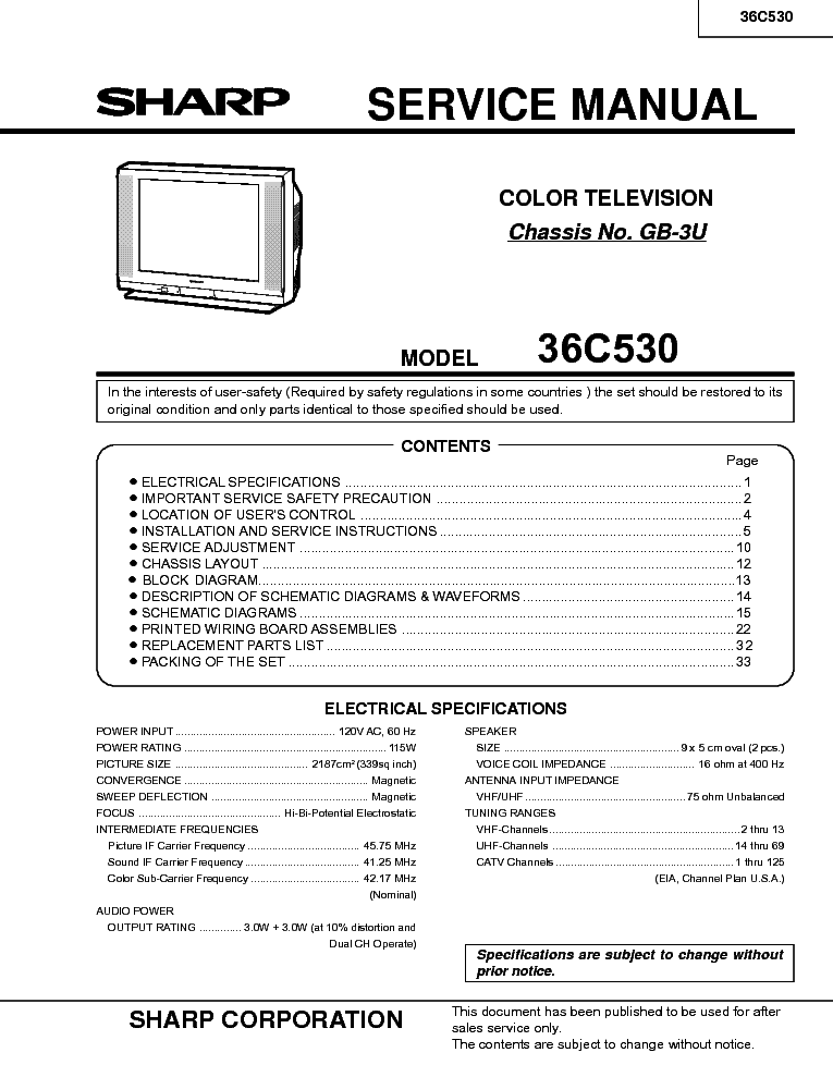 SHARP 36C530 CHASSIS GB-3U service manual (1st page)