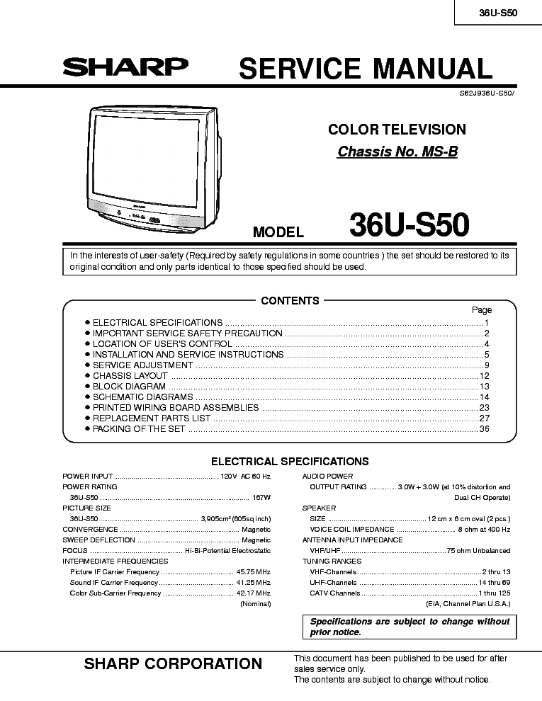 SHARP 36U-S50 CHASSIS MS-B service manual (1st page)