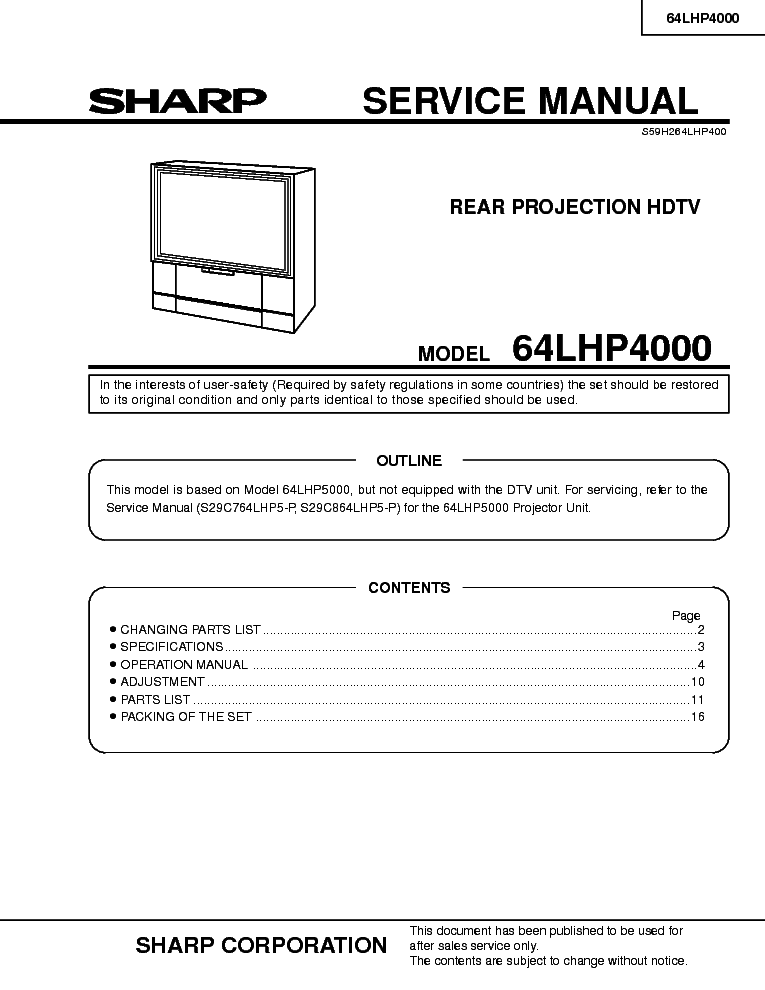 SHARP 64LHP400 service manual (1st page)