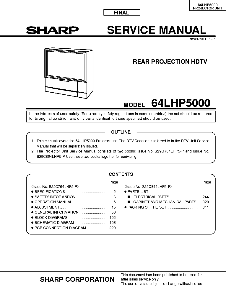 SHARP 64LHP5000 service manual (1st page)