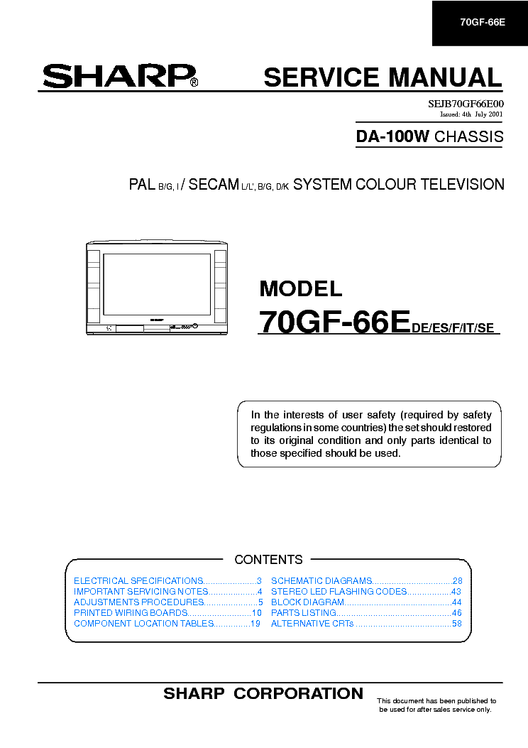 SHARP 70GF66E CHASSIS DA-100W service manual (1st page)