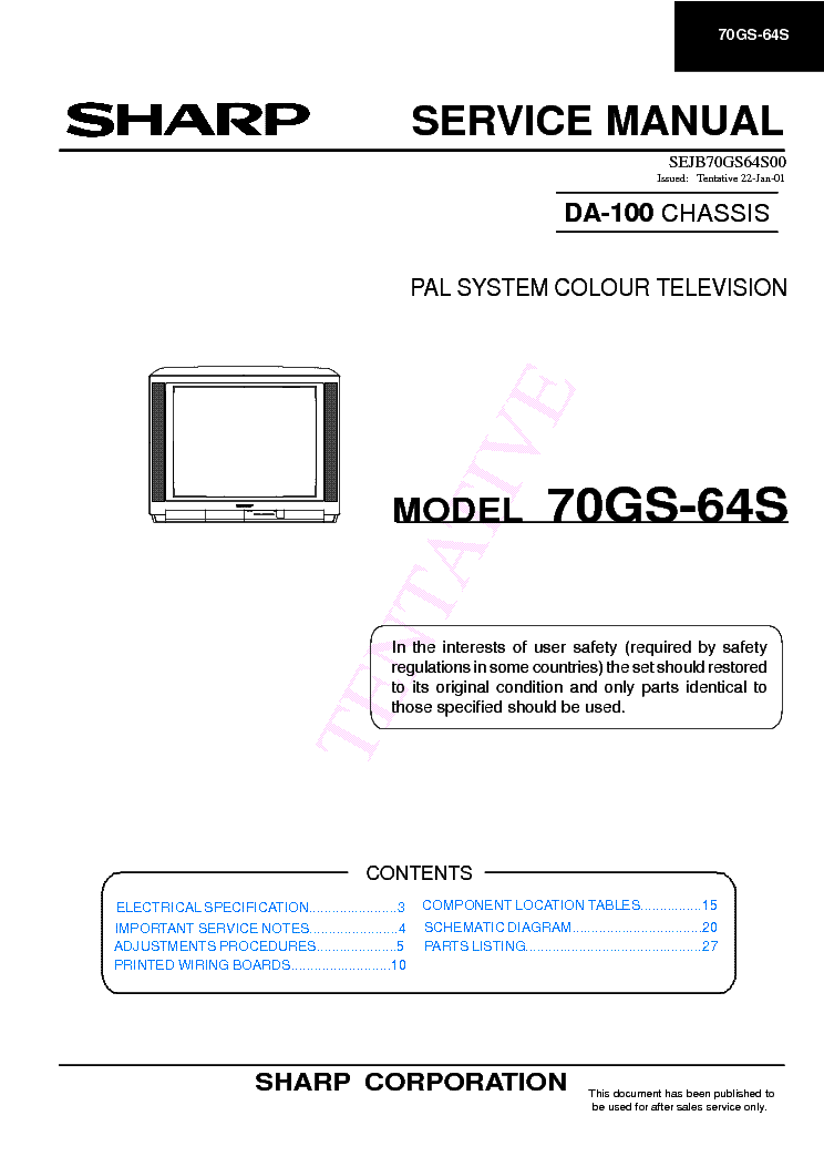 SHARP 70GS64S SHARP CHASSIS DA-100  service manual (1st page)