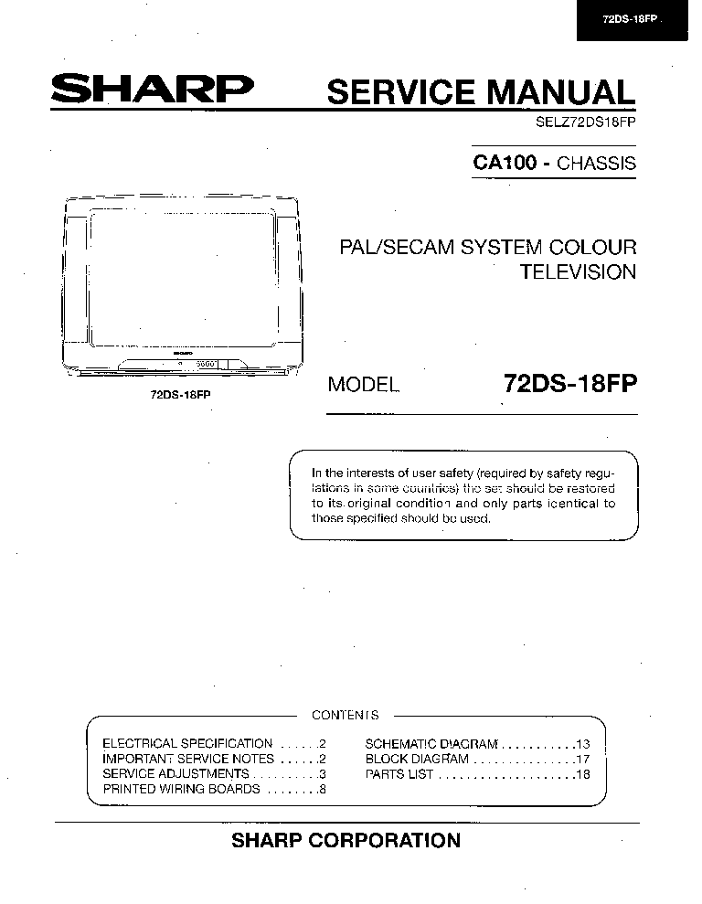 SHARP 72DS-18FP CHASSIS CA-100 SM service manual (1st page)
