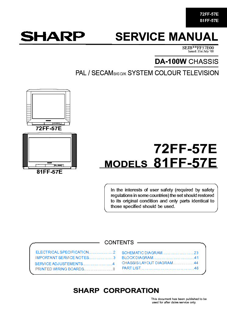 SHARP 72FF57E 81FF57E CHASSIS DA-100W service manual (1st page)
