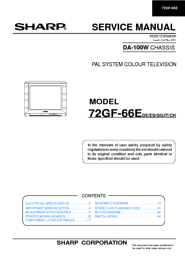 SHARP 72GF-66E CHASSIS DA-100W service manual (1st page)