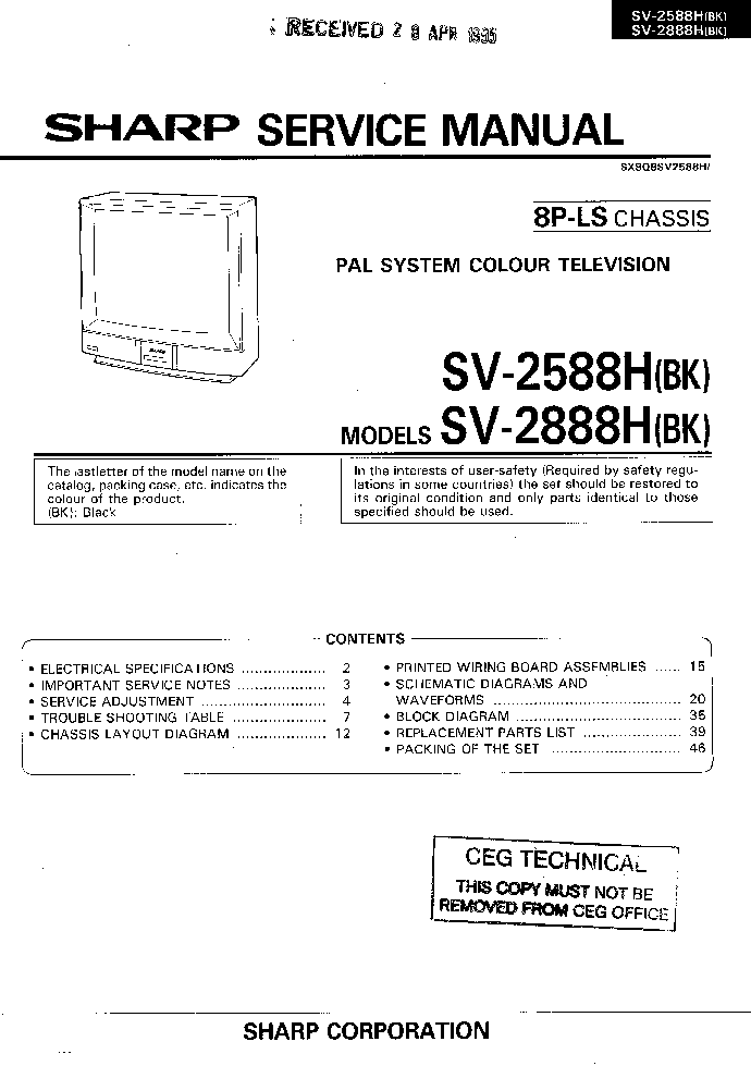 SHARP 8PLS CHASSIS-SV2588H service manual (2nd page)