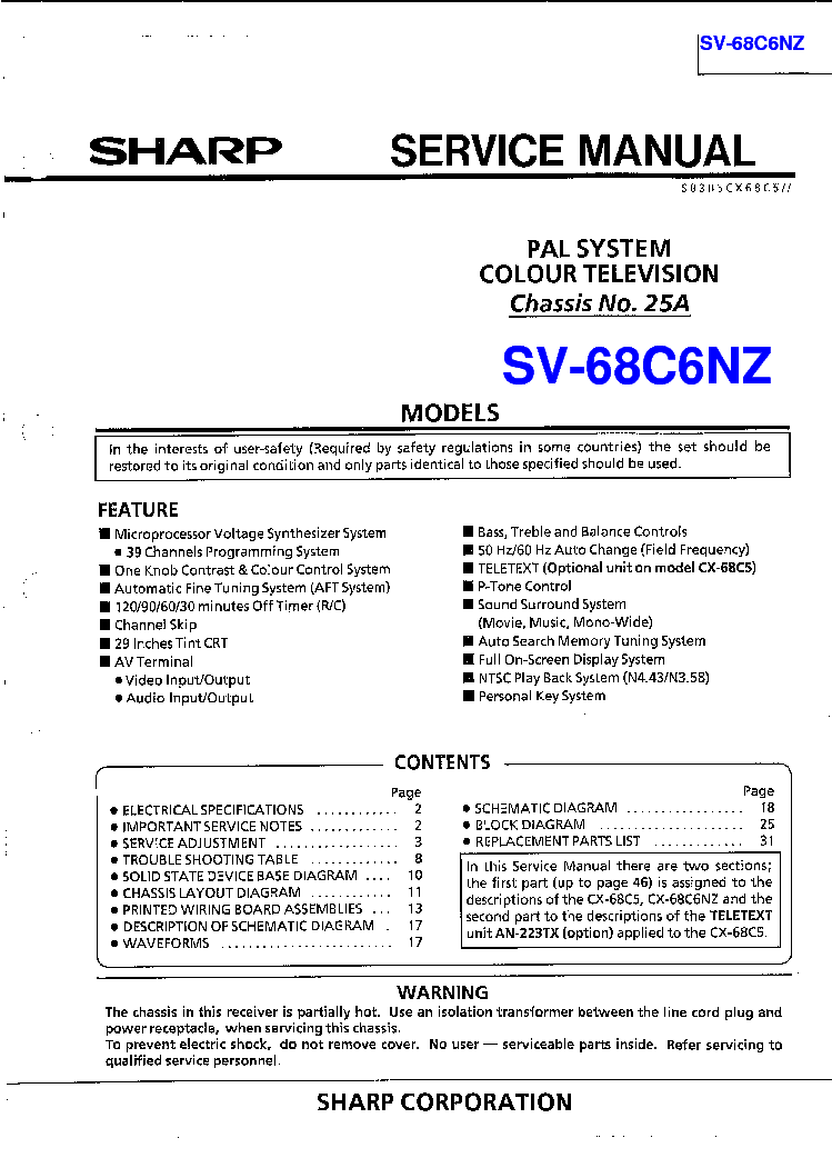 SHARP CH 25A SV-68C6NZ SM service manual (1st page)