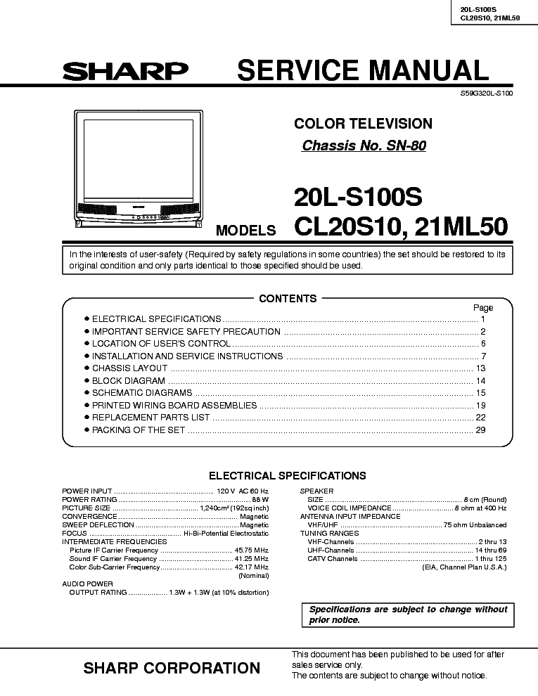 SHARP CL20S10 21ML50 CHASSIS SN 80 service manual (1st page)