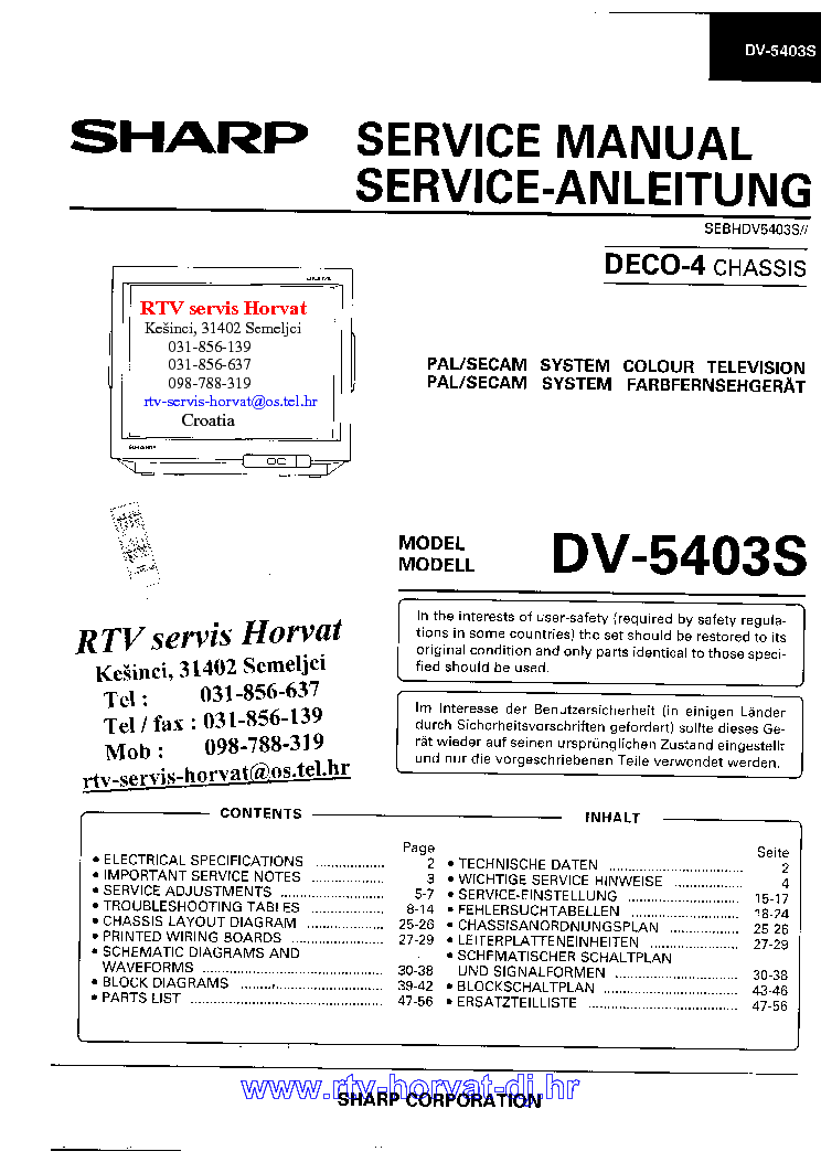 SHARP DECO4 CHASSIS DV5403 TV SM service manual