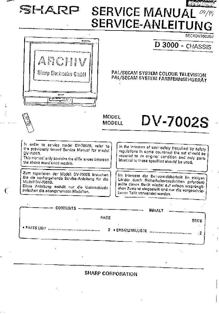 SHARP DV-7002 CHASSIS D3000 service manual (1st page)