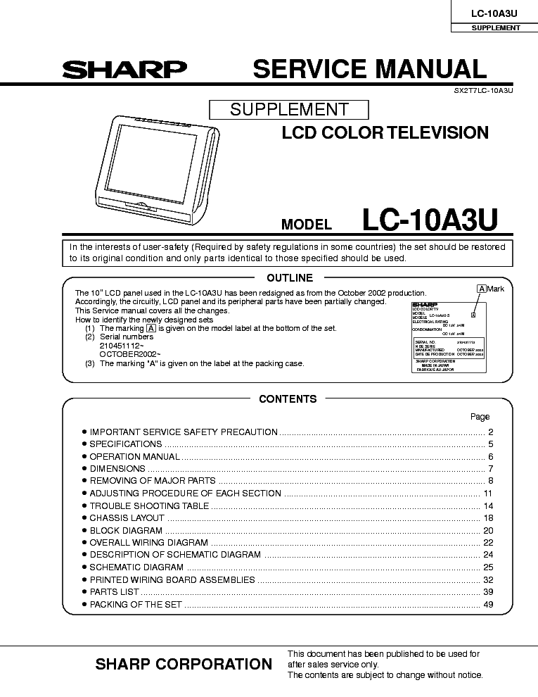 SHARP LC-10A3U SUPP service manual (1st page)